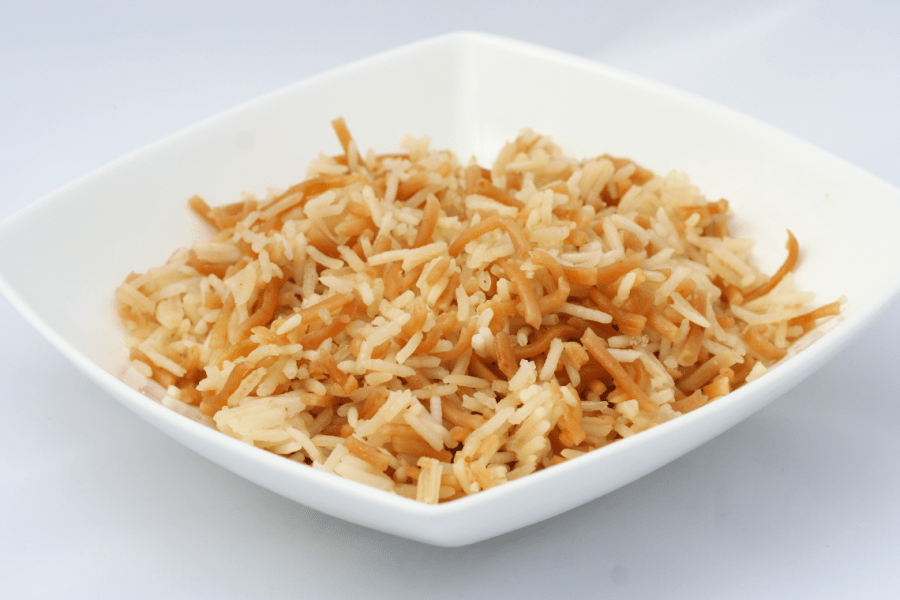 A bowl of noodles and rice